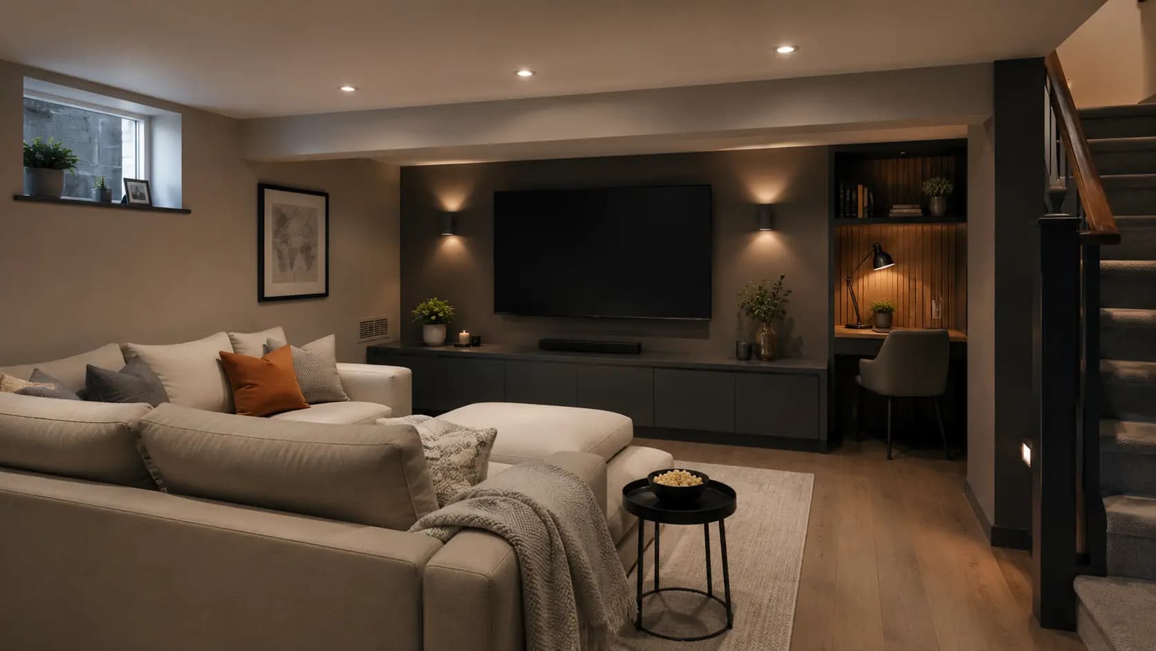 Finished basement living room with a media wall and home office nook