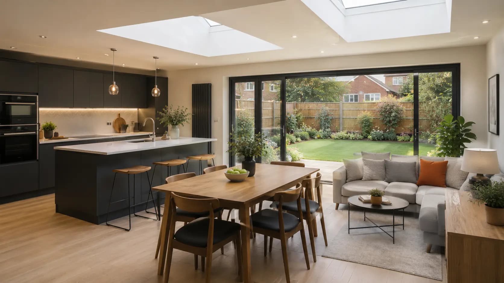 Bright open-plan kitchen extension opening onto the garden through bi-fold doors