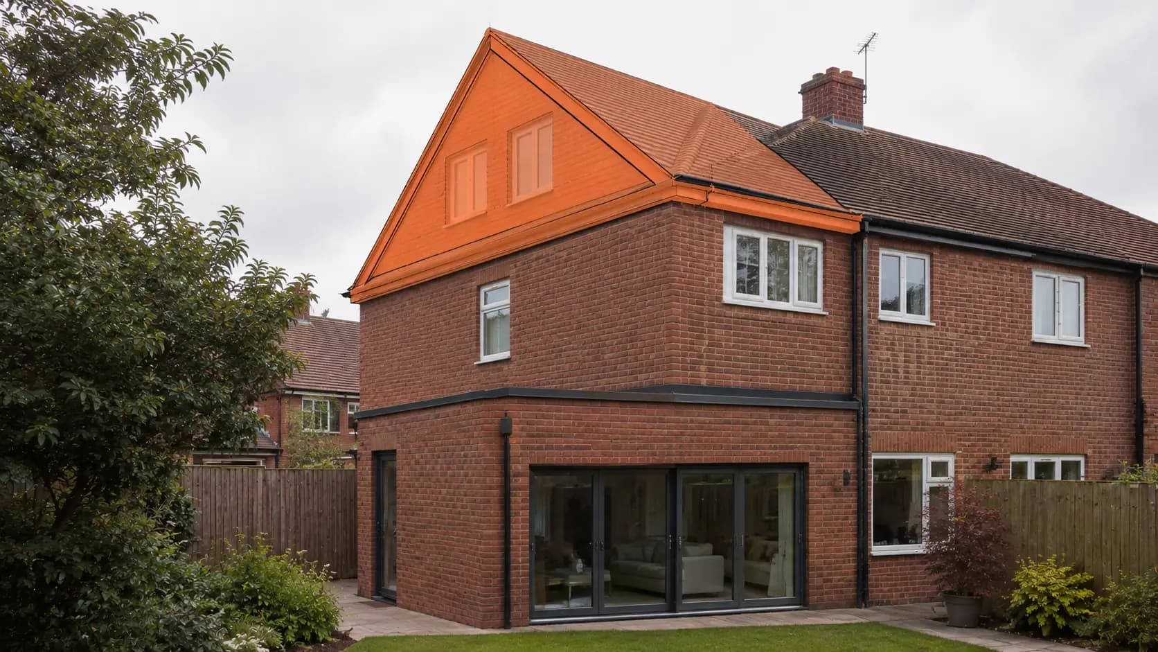Hip-to-gable loft conversion shown in orange over the existing roofline, ahead of construction